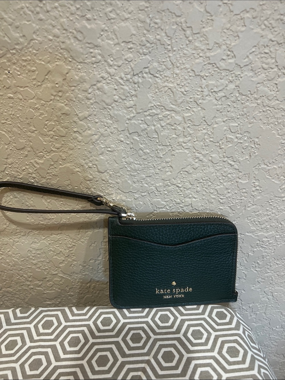 kate spade Dark Green Leather Wristlet Card Holder with Gold Logo